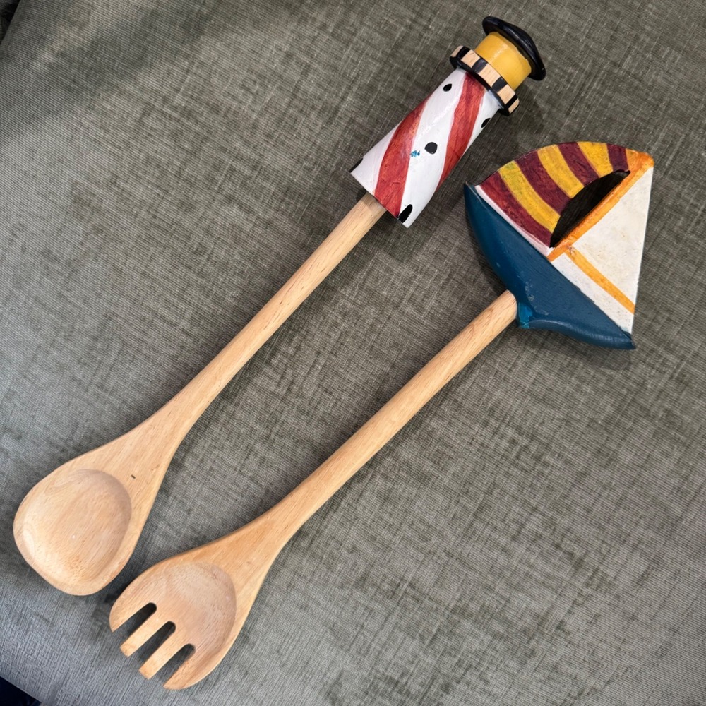 Vintage Salad Servers Wood Painted Nautical Lighthouse Sailboat Set Coastal